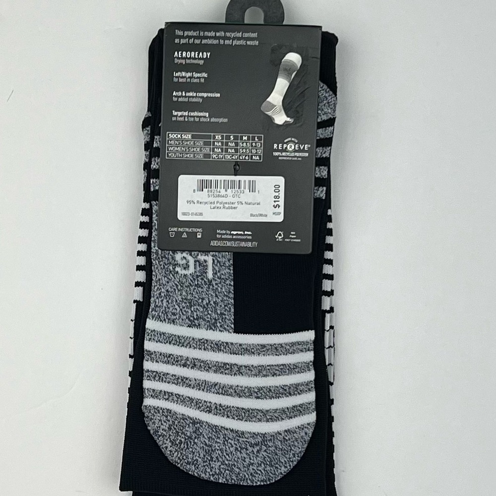 Adidas Soccer Team Speed Sock L Black White Aeroready Mens L 9-13 Women L 10-12 - Picture 2 of 4